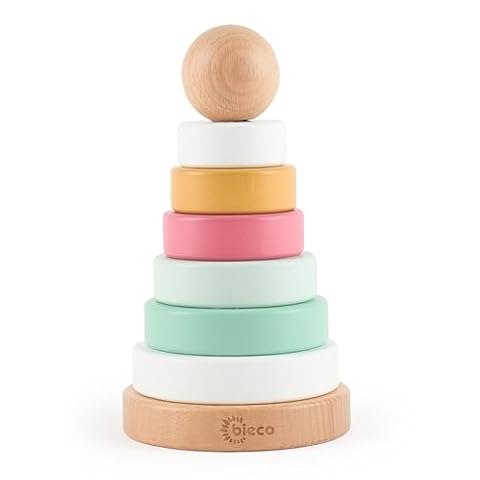 Bieco Wieża do układania w stos Baby Berry | zrównoważone drewno FSC | 19 cm | gra w stos od 1 roku życia pierścienie do układania w stos dla niemowląt drewniana wieża dla dzieci od 1 roku życia