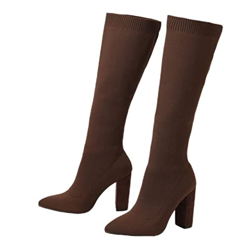 PAXAS Botas altas hasta la rodilla para mujer, de tela elástica, puntiaguda, tacón cuadrado, informales, sin cordones, color marrón, talla 37