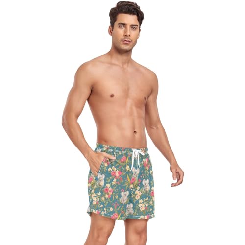 Koala Flowers Retro Green Mens Beach Shorts Men 2 in 1 Board Shorts Phone Pocket Lightweight S4