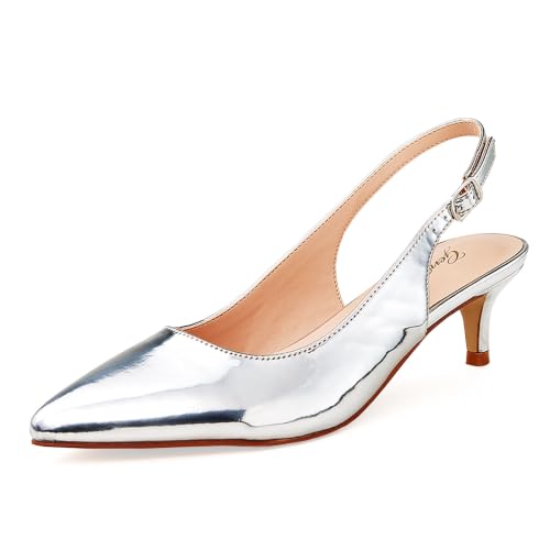 GENSHUO Women's Low Kitten Heel Slingback Ankle Strap Pump Pointed Toe Comfortable Formal Party Wedding Dress Shoes Metallic Silver Size 7
