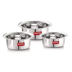 HAZEL Small Utensils Set for Kitchen I Set of 3, 350 ml, 500 ml & 800 ml I Stainless Steel Mini Tope Set with Flat Bottom I Small Boiling Vessels, Multipurpose Steel Bhagona