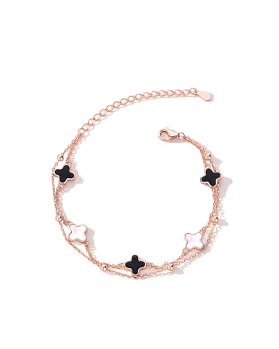 S925 Silver 14K Rose Gold plated Clover Lucky Bracelet for Women Green/Black/White/Red Flower Four Leaf Link Bracelets Trendy Jewelry Gifts for Women