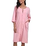COLORFULLEAF 100% Cotton Zip Up Dressing Gowns Women Uk Ladies Bath Robe Lightweight 3/4 Sleeve Through Housecoats Knee Length House Coat Nightwear with Pockets(Pink,M)