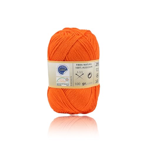 H HANSEL HOME Ovillo de Algodón Premium 100% Natural - Perfecto para Tejer y Ganchillo, Ideal para Crochet y Amigurumi, Naranja, 100gr, 220m