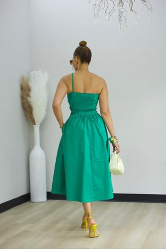 Image of YUEWOO Midi Dresses for Women Casual Summer Sundresses Vacation Outfits Spaghetti Strap Smocked Women Maxi Dress with Pockets