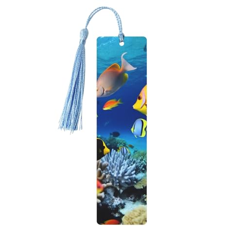 タッセル付き水中魚のしおり、女性、男性用の木製ブックマーク、本好きのためのハンドメイドブックマーク、読書ページマーカー木製タグオーナメント、誕生日教師へのギフト。