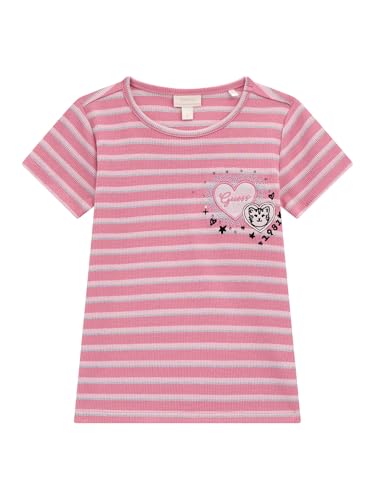 Image of GUESS - Girl's Short Sleeve T-Shirt in Yarn Dyed Ribbed, Fine White/Pink Stripes, White/Pink Thin Stripes, 4T