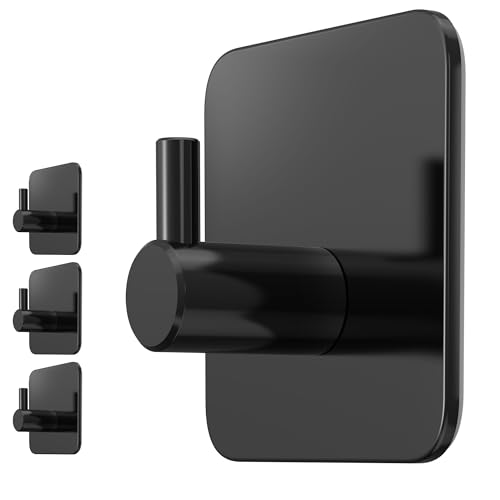 Menz Handtuchhalter ohne Bohren, 4 Haken im Set, schwarz – Wasserfeste Klebehaken, Edelstahl Handtuchhaken für Bad, hochwertige Haken selbstklebend, Badezimmer Handtuchhalter mit hoher Tragkraft