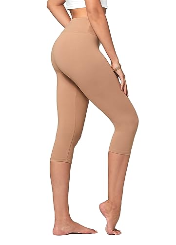 Khaki Premium Buttery Soft High Waisted Capri Leggings For Women - 3" Wide Band - Workout Leggings For Women Tummy Control - One Size Plus - Sol01P-3-Capri-Khaki #TOP23