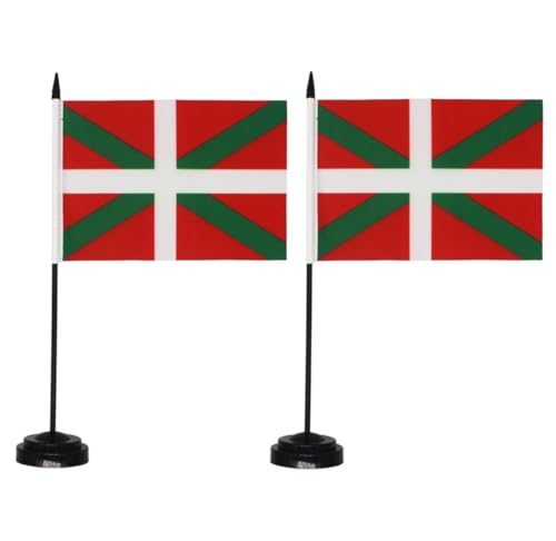 Pandiui23 Pays Basque Lot de 2 Drapeaux de Table Drapeaux de Bureau Pays Basque 21x14cm Mât et Base pour Salle de Conférence et Bureau