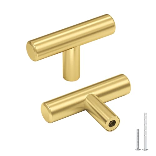 goldenwarm 25pcs Brushed Brass Kitchen Cabinet Hardware Handle 1/2" Diameter T Bar Handles Furniture Gold Door Drawer Pulls Knobs Overall Length 50mm 2in by Goldenwarm - Used condition - CA$20.20