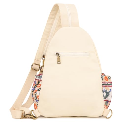 Image of SILKAREA Boho Embroidered Sling Backpack for Women Canvas Travel Chest Bag Multi-purpose Backpack Purse Shoulder Bag (Embroidered Orange)