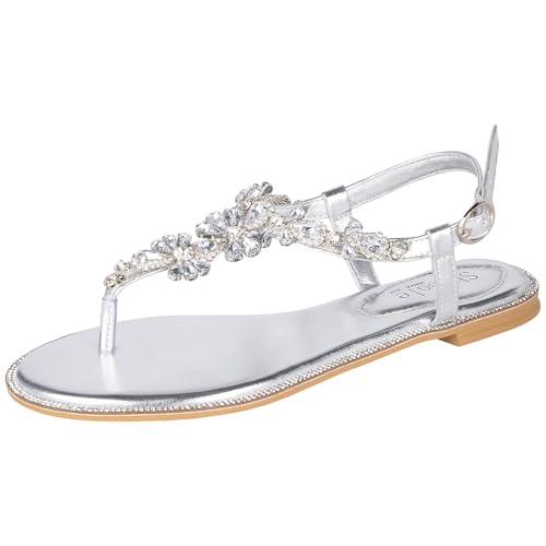 SheSole Women's Sparkly Rhinestone T-Strap Silver Flat Sandals Dressy Thong Beach Wedding Shoes