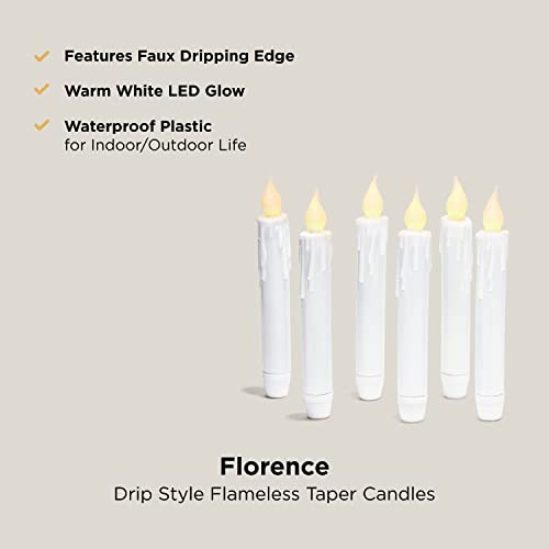 LampLust Flameless Taper Candles with Remote - Batteries Included, 6 Inch White Resin Candlestick with Drip Effect, Warm Flickering LED Flame, Indoor / Outdoor, Timer Feature - Set of 6