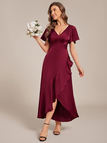 Image of Ever-Pretty Women's V Neck Satin Short Sleeves Ruffle Hi-Lo Midi Bridesmaid Dress 02336