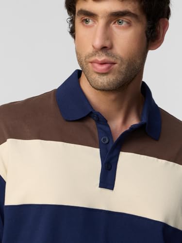 Image of The Souled Store Rugby Polo: Sea Coast Men and Boys Long Sleeve Spread Collar Navy Blue Colour-Block Cotton Oversized Heavy Gauge Streetwear Casual Everyday Polos