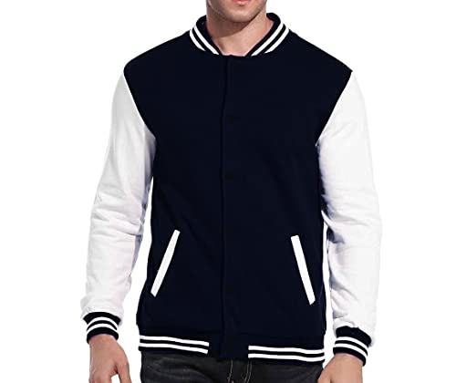 Maximos New Men's Premium Classic Snap Button Vintage Baseball Letterman Varsity Jacket (Navy White,M)