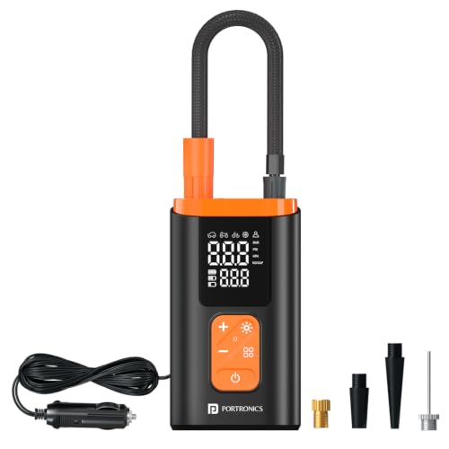 Portronics Vayu Core 2-in-1 Corded & Cordless Tyre Inflator, 150 PSI, 3600mAh Batteries, Digital Display, Auto Shut-Off, LED SOS Lights, Type-C Charging, 3m Long Cord, for Car, Bike, Cycle, Balls