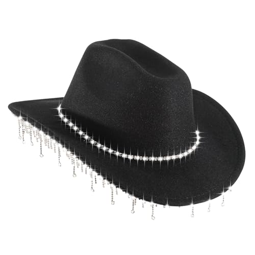 Womens Cowboy Rhinestone Hats Beyonce Cowgirl Hat Diamond Western -Glitter Party with Tassel