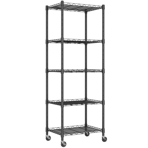 Image of REGILLER 5-Wire Shelving Metal Storage Rack Adjustable Shelves,Standing Storage Shelf Units for Laundry Bathroom Kitchen Pantry Closet(Black,11.8 inch D x 16.6 inch W x 53.5 inch H,With Wheels)