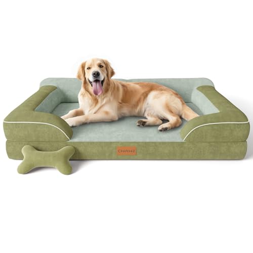 Image of CWAWZ Extra Large Dog Bed, Orthopedic Dog Bed with Cooling Gel Memory Foam, Waterproof XL Pet Bed with Removable Washable Cover, 42 inch Pet Sofa Couch Dutch Velvet with Bone Toy, Dark Green