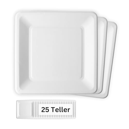 LINARIO® Einweg Grillteller - 25cm eckig - biologisch abbaubar aus Zuckerrohr - 25 Stück