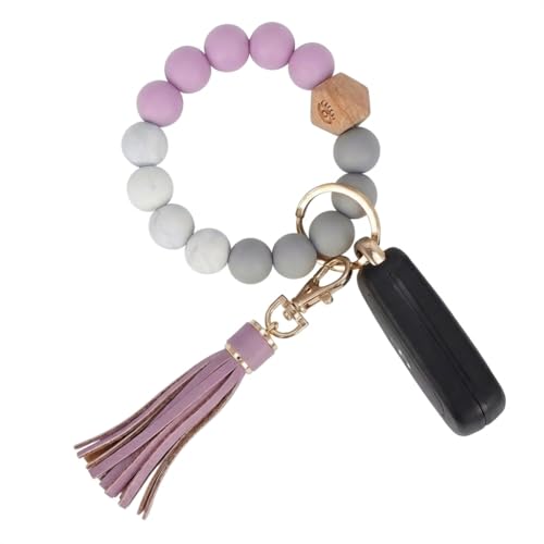 BIHRTC Bracelet Keychain Wristlet Silicone Beaded Bangle Key Ring PU Leather Tassel House Car Key Bracelet Keychain Wristlet Portable House Car Keys Holder for Women
