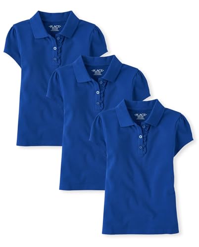 The Children's Place,Girls,Short Sleeve Ruffle Pique Polo Multipack,Renew Blue 3-Pack,X-Small