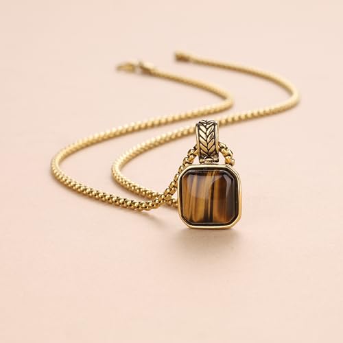 COAI Men's Stainless Steel Necklace, Crystal Necklace for Men, Tiger Eye/Malachite/Lapis Lazuli/Black Obsidian 20"/22"/24"4