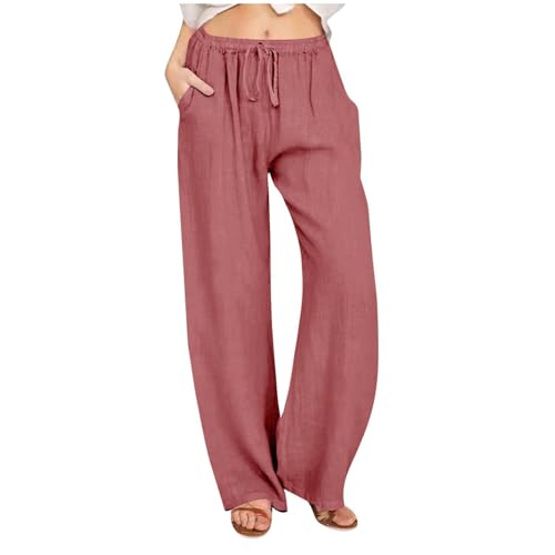 LRMQS Womens Pants Casual Trendy 2026 Spring Drawstring Loose Fit Trouser Lounge Beach Straight Linen Wide Leg Palazzo Outfit