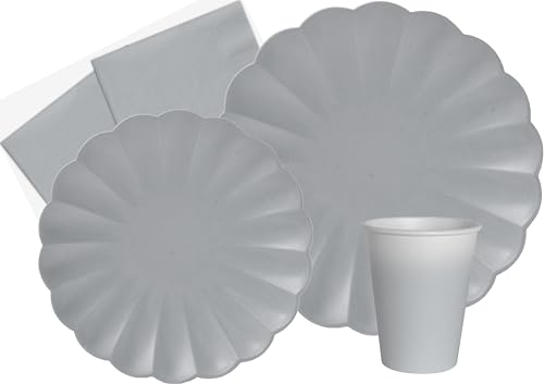 Ciao-Kit Table Fête Party Flower Shape 8 personnes (44 pcs: assiettes, gobelets, serviettes) en papier compostable, gris Vaisselle papel eco-friendly, Uni,...