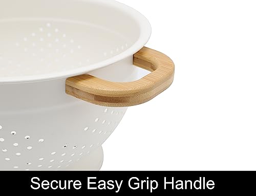 Molomax Set Of 3 Enameled Metal Colander With Wooden Bamboo Handles | Light White Icing| 1.5Q, 3Q, 5Q #TOP2