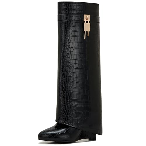 Image of Fold Over Boots for Women Pointy Pull-on Wedge Heel Knee Shark Boot With Side Zipper Padlock Design