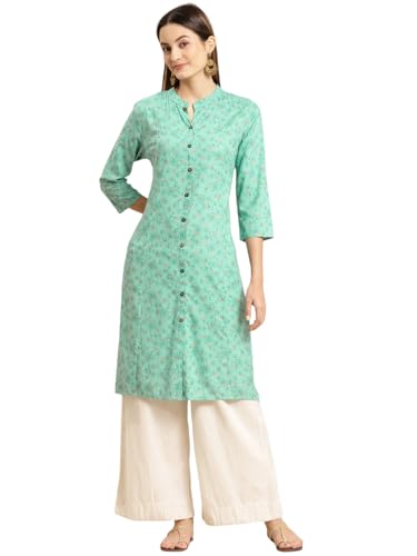 Image of rangita Turquoise Rayon Calf Length Printed Front Slit Kurti for Women | Kurta for Women