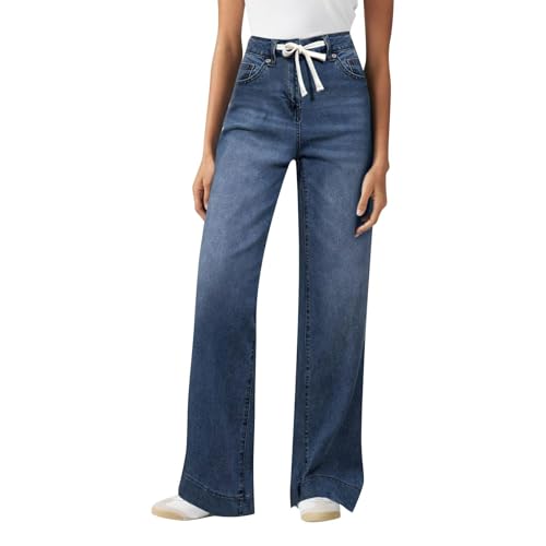 Jeans large femme taille élastique pantalon brodé chic noir