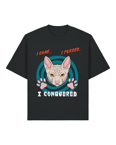 Camiseta unisex de algodón pesado con texto en inglés 'I Came I Purred I Conquered Funny Hypno Cat', color negro, Negro, S Grande alto