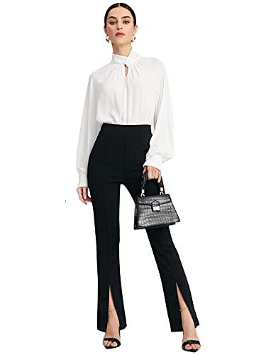 Wdirara Women's Split Front Elastic High Waist Elegant Flare Leg Long Pants Black M #TOP4