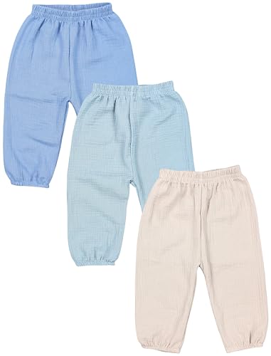 TupTam Baby Unisex Jungen Musselin Hose Mädchen Leichte Sommerhose Musselinhose Pumphose 3er Pack, Farbe: Beige Iceberg Grün Jeansblau, Größe: 92