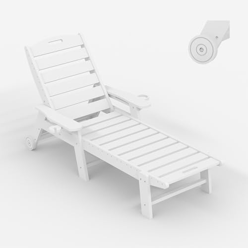 HDPE 5-Position Patio Lounge Chair for Outside, HDPE Chaise Lounge Outdoor with Cup Holder, Resin Pool Lounger Chair with Rolling Wheels