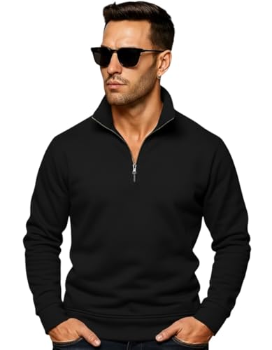 Image of Quarter Zip Pullover Sweatshirt, Classic Long Sleeve Mock Neck, Available in Burgundy, Black, Light Blue