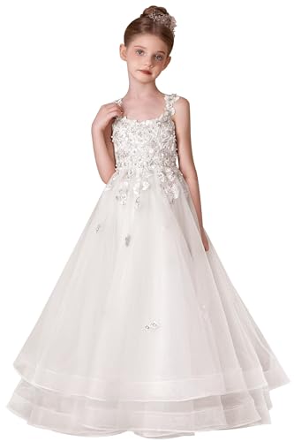 Tulle Flower Girl Dresses for Wedding 3D Floral Appliques Pageant Dress Girls Ball Gown with Beads