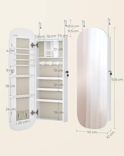 Miniatura 7 de Songmics Armario Para Joyas, Espejo Joyero De Pared, Organizador Con Luz Led Y Cerradura, Varios Compartimentos, Para Pendiente, Collar, Superficie Blanca Y Forro Gris Beige Jjc026w01