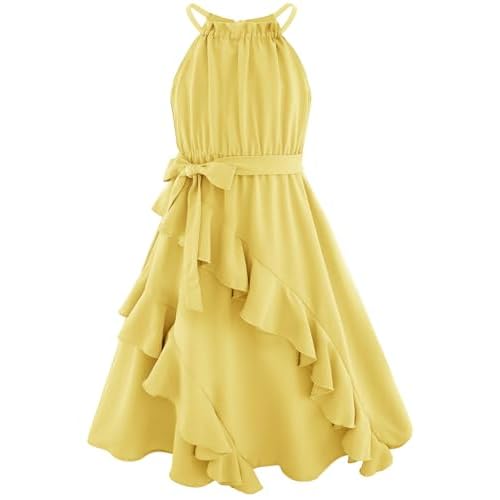 Girls Dresses Tween Halter Tie Back Tiered Ruffle A-Line Flowy Dress Summer Sleeveless Sundress Size 5-14 Years 12-14 Years Yellow