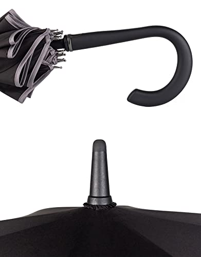 Auto Open 16 Rib Stick Umbrella, High Density 230T Pongee, Rubberized J Handle, Soft End Cap, Windproof Dual Fiberglass Ribs, Waterproof Seamless One-Piece Fabric, Black Umbrella (Black-Style) #TOP3