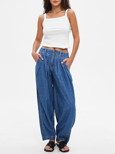 Baggy Jeans for Woman Wide Leg Elastic Waist Pull On Jeans Loose Lightweight Barrel Denim Pants Blue