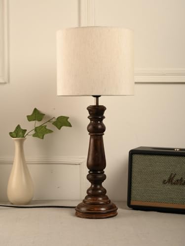 Image of Green Girgit Classic Wooden Lamp in Walnut Brown Color with Jute White Shade, Farmhouse Table Lamp with Wooden Base, Cream Fabric Shade, Traditional Style (LED Bulb Included)