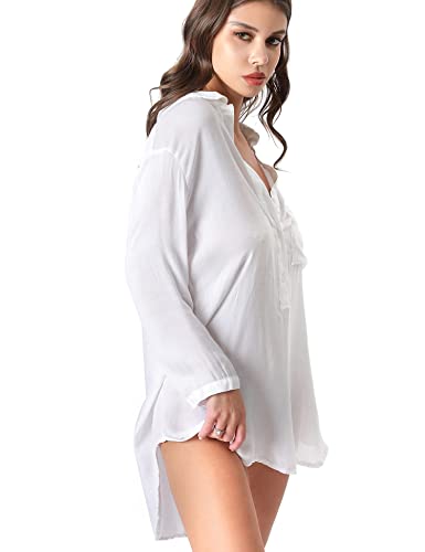 Image of TOUSYEA Sleep Shirts for Women Button Down Shirts Long Sleeve Sleepwear Swimsuit Cover Ups Soft Pajama Tops