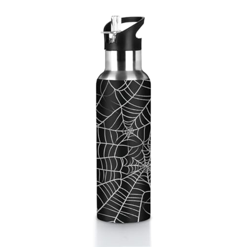 VQUVQV Black Cobweb Water Bottle Insulated Stainless Steel Bottle with Straw Lid, Reusable Lightweight Travel Tumbler for Adults Men Women, 20oz