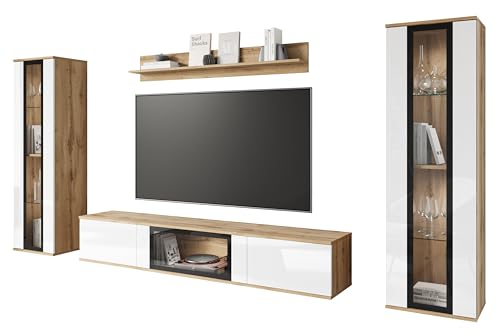 MINIO go for it - Wohnwand 4-Teilig Set FARO, Hängend oder Stehend, Hochschrank, Vitrine, Lowboard mit Glasstür, Wandboard, Laminierte Spannplatte, mit LED Beleuchtung, Farbe: Wotan Eiche/Weiß Gloss MINIO go for it - Wohnwand 4-Teilig Set FARO, Hängend oder Stehend, Hochschrank, Vitrine, Lowboard mit Glasstür, Wandboard, Laminierte Spannplatte, mit LED Beleuchtung, Farbe: Wotan Eiche/Weiß Gloss