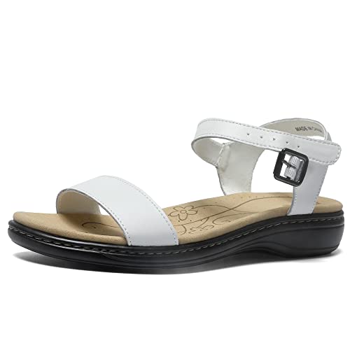 Image of Women's Classic Flat Sandals Leather Open Toes Memory Foam One Band Ankle Strap Adjustable Slip On Shoes